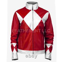 Men's Power Rangers Party Cosplay Costume Red & White Genuine Leather Jacket