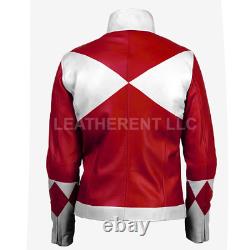 Men's Power Rangers Party Cosplay Costume Red & White Genuine Leather Jacket